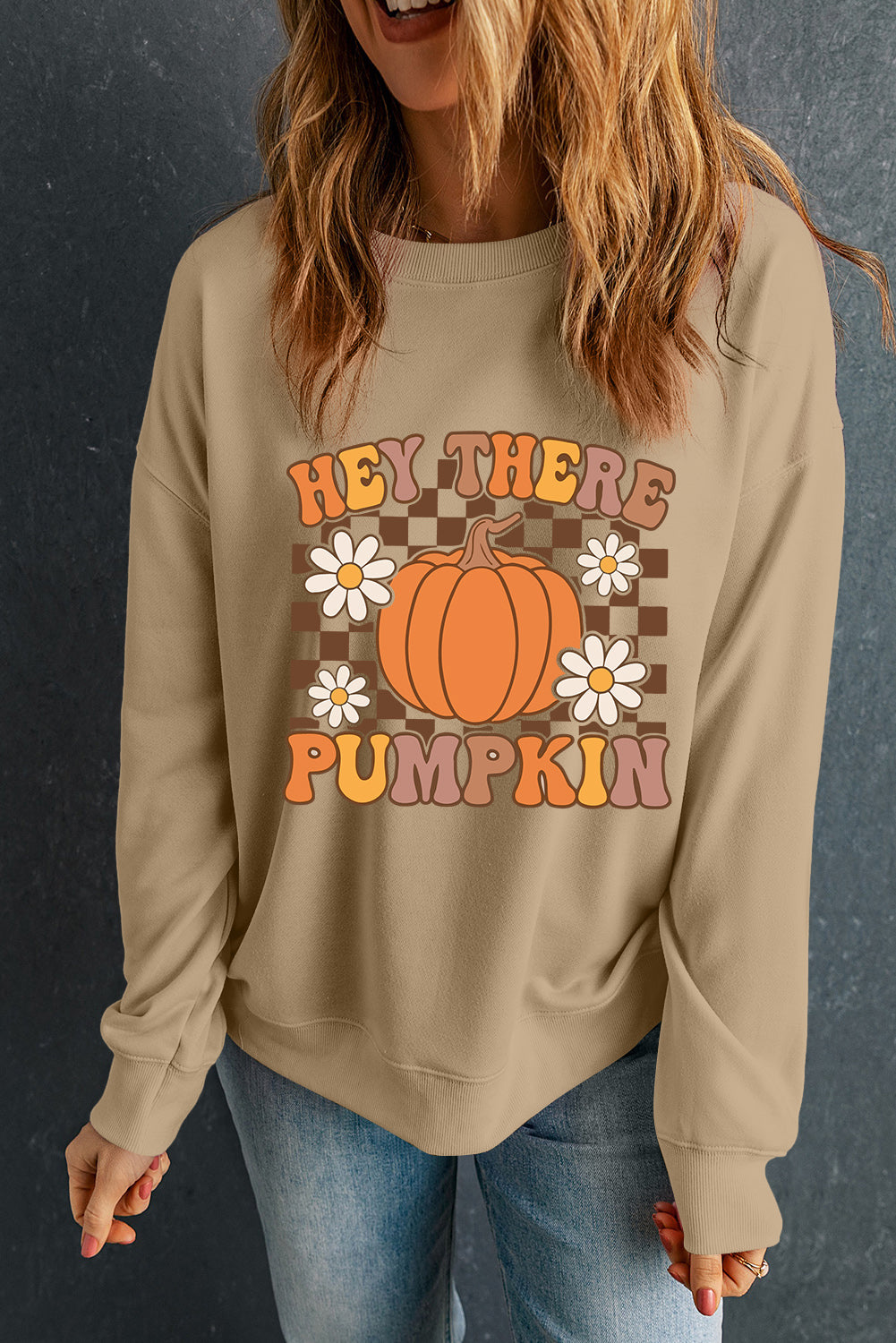 Khaki Floral Checkered Pumpkin Graphic Drop Shoulder Thanksgiving Sweatshirt Graphic Sweatshirts JT's Designer Fashion