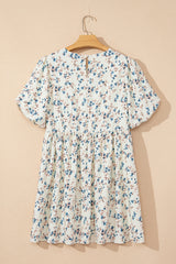 Beige Floral Puff Short Sleeve Empire Waist Mini Dress Floral Dresses JT's Designer Fashion