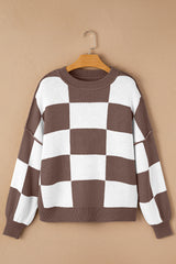 Dark Brown Checkered Bishop Sleeve Sweater Sweaters JT's Designer Fashion