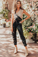 Black Faux Leather Ankle Smocked Waist Drawstring Joggers Pants & Culotte JT's Designer Fashion