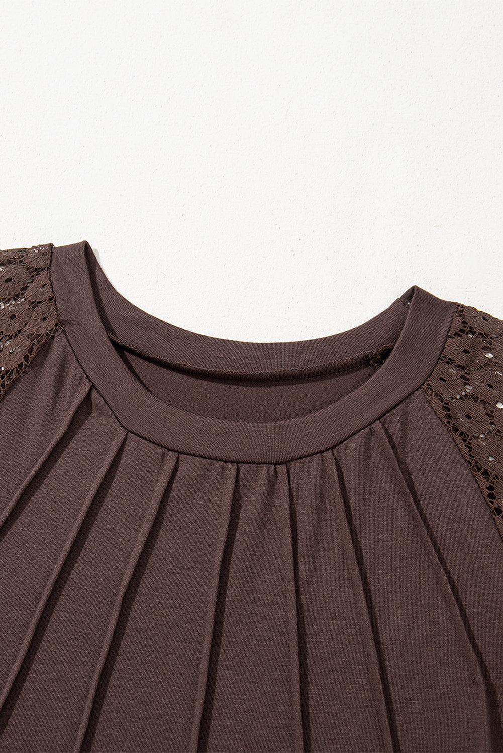 Dark Brown Contrast Lace Raglan Sleeve Pleated Detail Shift Dress T Shirt Dresses JT's Designer Fashion