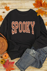 Black SPOOKY Graphic Drop Shoulder Halloween Pullover Sweatshirt Graphic Sweatshirts JT's Designer Fashion