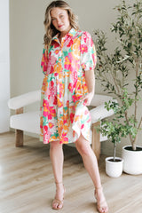 Pink Floral Puff Sleeve Collar Buttoned Babydoll Dress Floral Dresses JT's Designer Fashion