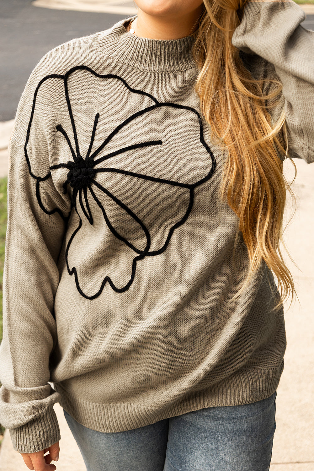Dark Khaki Plus Size Big Flower Pattern High Neck Drop Shoulder Sweater Plus Size Sweaters & Cardigans JT's Designer Fashion