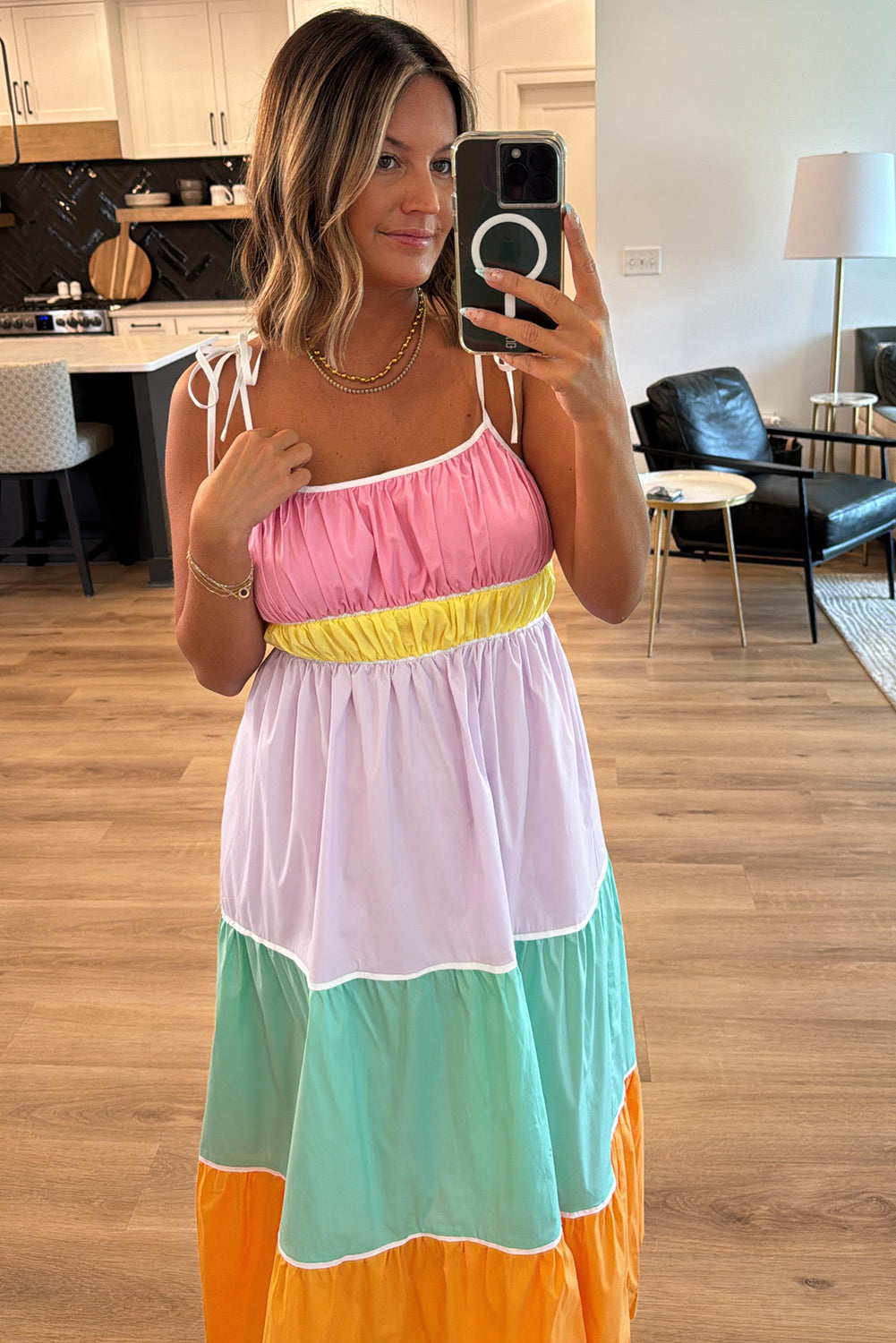 Multicolour Colorblock Self-tie Straps High Waist Flowy Long Dress with Pockets Maxi Dresses JT's Designer Fashion