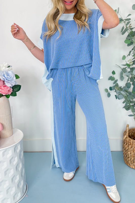Sky Blue 2-tone Colorblock Patchwork Corded 2pcs Outfit Pant Sets JT's Designer Fashion