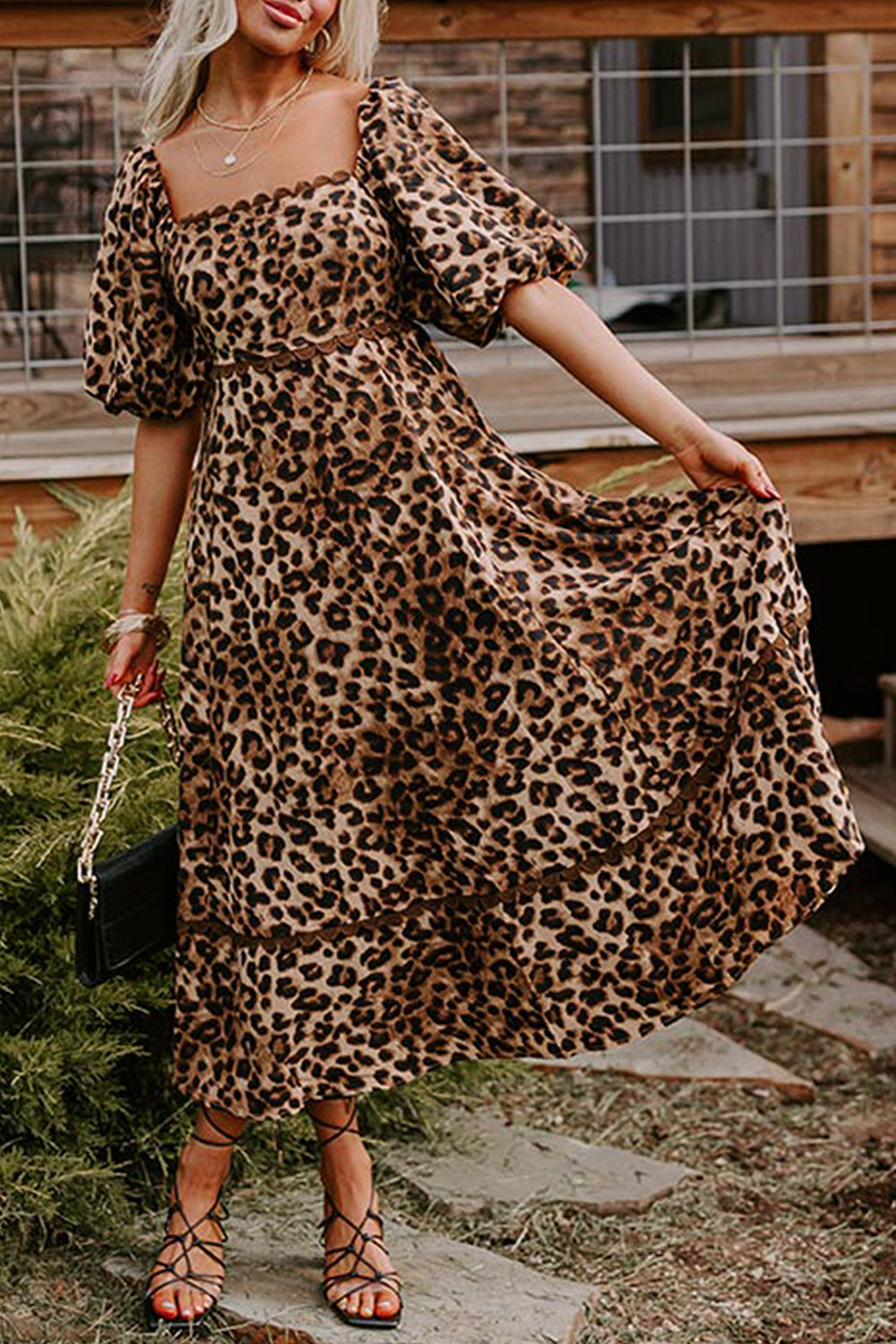 Brown Leopard Print Bubble Sleeve Square Neck Long Dress Brown 100%Polyester Maxi Dresses JT's Designer Fashion