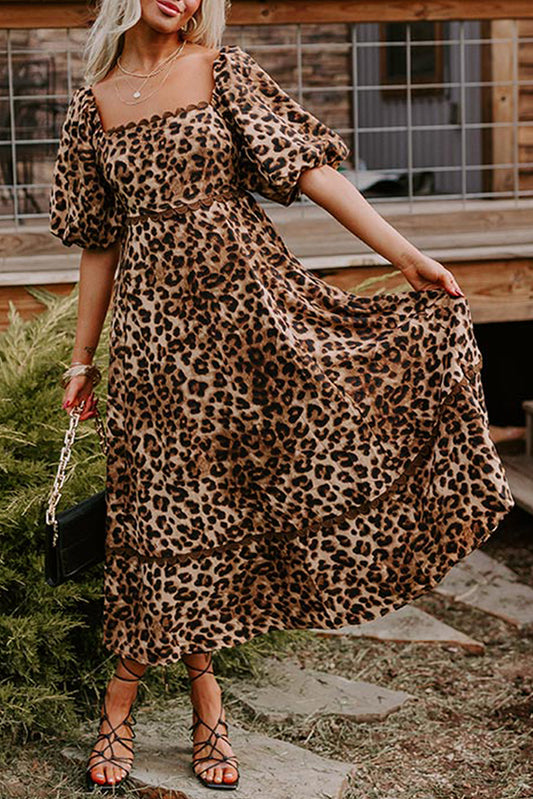 Brown Leopard Print Bubble Sleeve Square Neck Long Dress Brown 100%Polyester Maxi Dresses JT's Designer Fashion