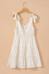 Oatmeal Solid Color Tied Straps Ruffle Tiered Mini Dress Mini Dresses JT's Designer Fashion