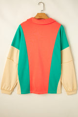 Grapefruit Orange Color Block Patchwork Collared V Neck Loose Top Long Sleeve Tops JT's Designer Fashion