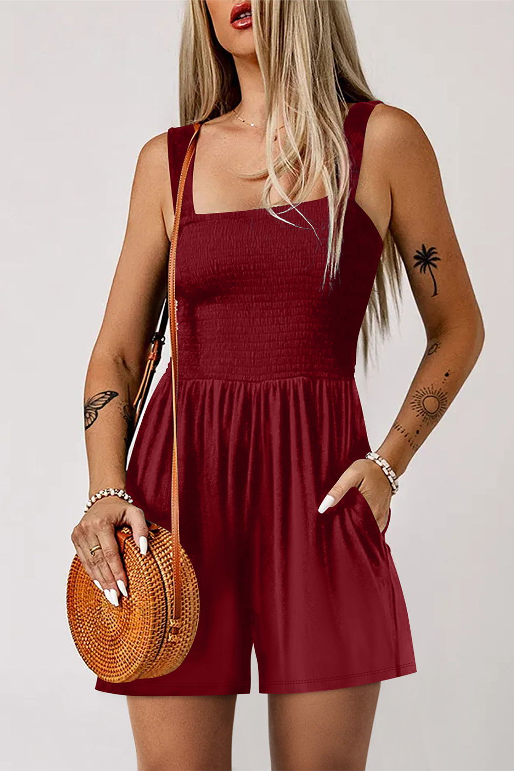 Burgundy Casual Pocketed Smocked Sleeveless Romper Jumpsuits & Rompers JT's Designer Fashion
