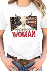 White American Woman Bull Skull Graphic T Shirt Graphic Tees JT's Designer Fashion