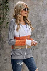 Gray Zipped Front Colorblock Hollow-out Knit Hoodie Sweatshirts & Hoodies JT's Designer Fashion