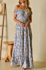 Blue Boho Paisley Print Off Shoulder Maxi Dress Floral Dresses JT's Designer Fashion