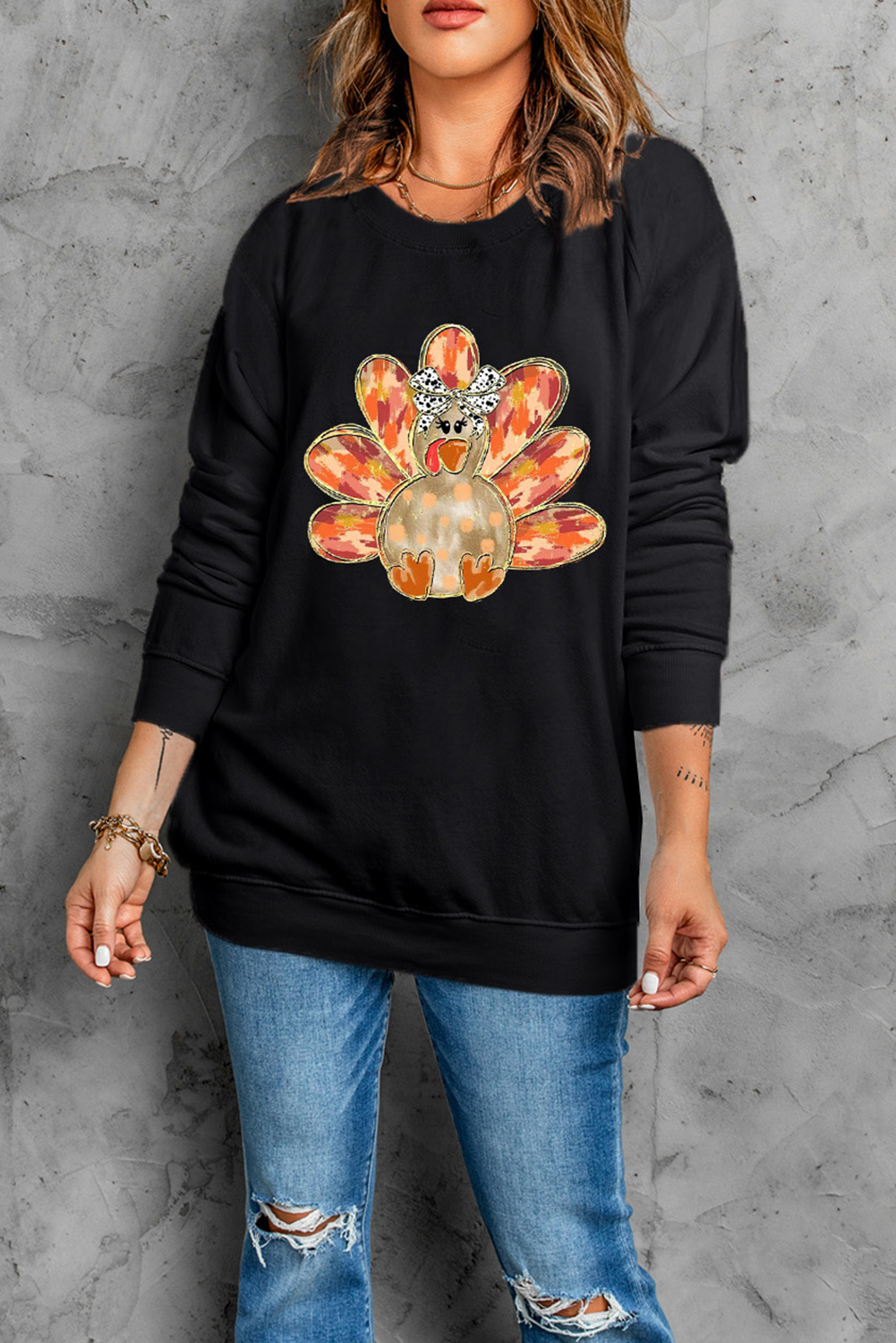 Black Thanksgiving Turkey Graphic Drop Shoulder Sweatshirt Graphic Sweatshirts JT's Designer Fashion