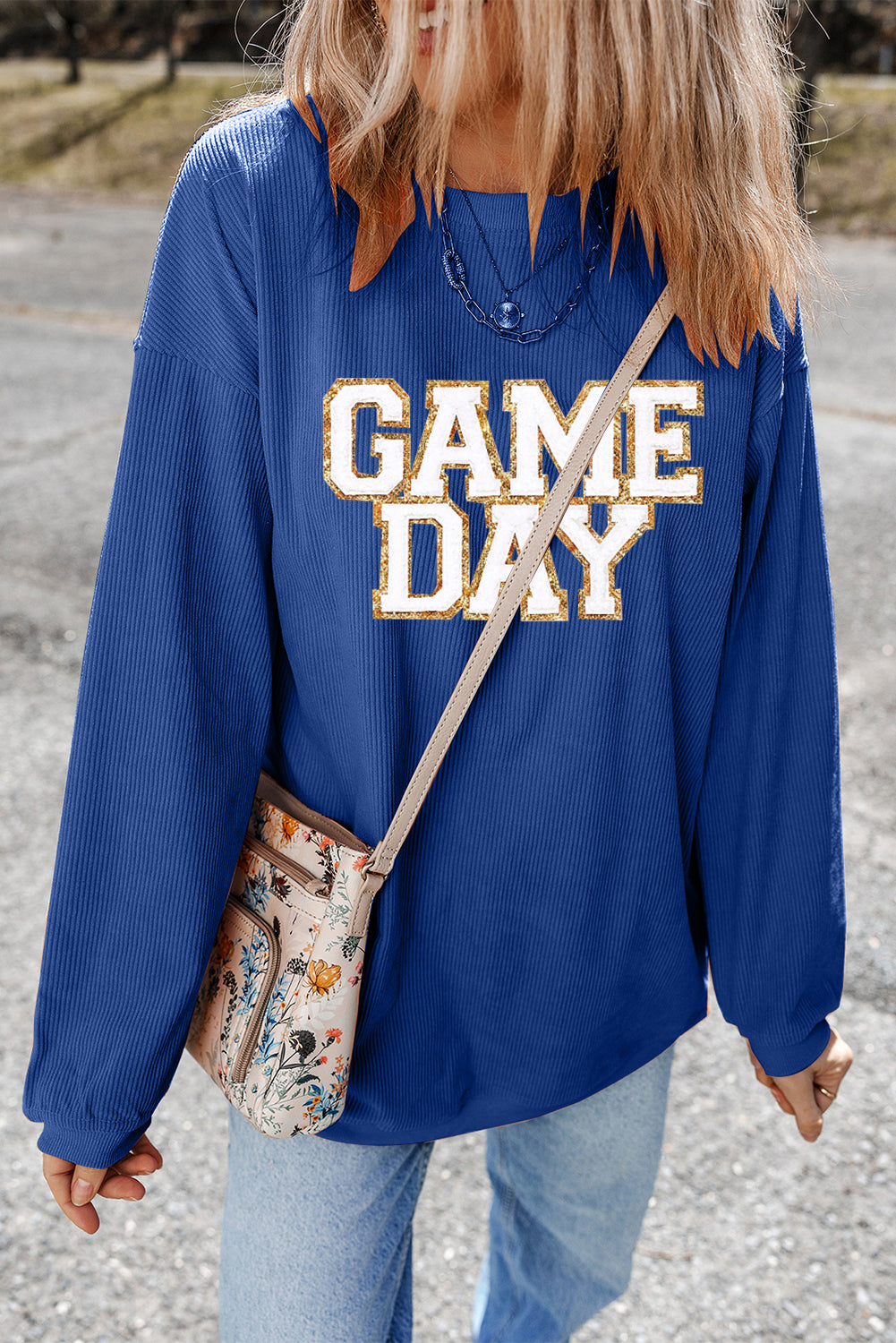 Dark Blue GAME DAY Glitter Detail Ribbed Drop Shoulder Sweatshirt Graphic Sweatshirts JT's Designer Fashion