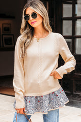 Beige Cable Texture Bohemian Ruffle Hem Patchwork Sweater Beige 52%Viscose+26%Polyester+22%Polyamide Sweaters JT's Designer Fashion