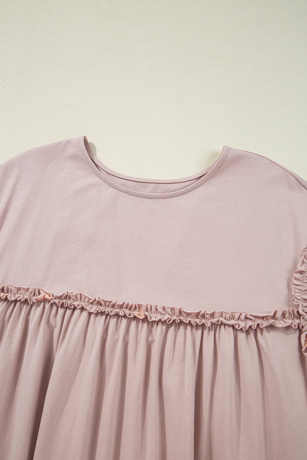 Oatmeal Frilled Trim Crew Neck Loose Fit Mini Dress Mini Dresses JT's Designer Fashion