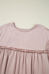 Oatmeal Frilled Trim Crew Neck Loose Fit Mini Dress Mini Dresses JT's Designer Fashion