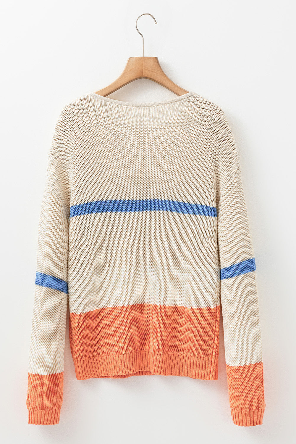 Beige Colorblock Striped Drop Shoulder Cozy Sweater Sweaters JT's Designer Fashion