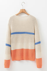 Beige Colorblock Striped Drop Shoulder Cozy Sweater Sweaters JT's Designer Fashion