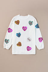 White Valentines Slogan Heart Sequin Corded Baggy Sweatshirt Graphic Sweatshirts JT's Designer Fashion