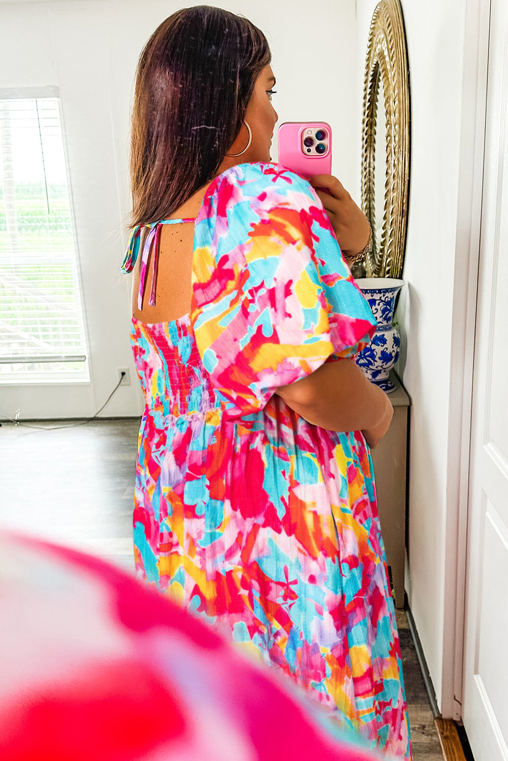 Rose Abstract Printed Puff Sleeve Square Neck Smocked Bust Tied Back Plus Size Dress Plus Size Maxi Dresses JT's Designer Fashion