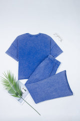 Ashleigh Blue Acid Wash Star Patched Rolled Trim Pants Set Pant Sets JT's Designer Fashion