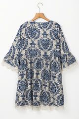 Sky Blue Vintage Printed Lace Trim V Neck 3/4 Sleeve Loose Dress Mini Dresses JT's Designer Fashion