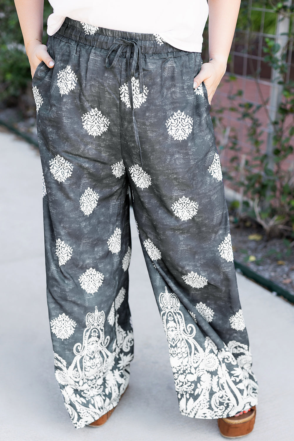 Black Plus Size Geometric Ethnic Print Drawstring Wide Leg Pants Black 100%Polyester Plus Size Bottoms JT's Designer Fashion