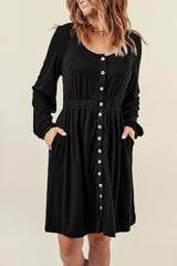 Black Button Up High Waist Long Sleeve Dress Midi Dresses JT's Designer Fashion