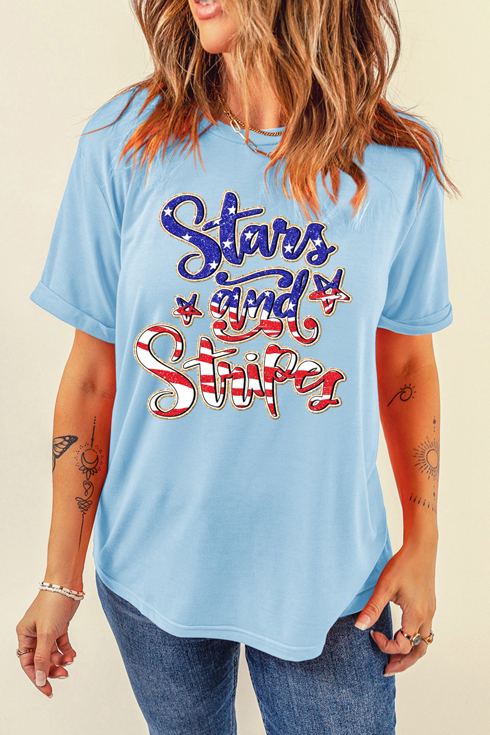 Light Blue Stars and Stripes Graphic July 4th Patriotic Tee Graphic Tees JT's Designer Fashion
