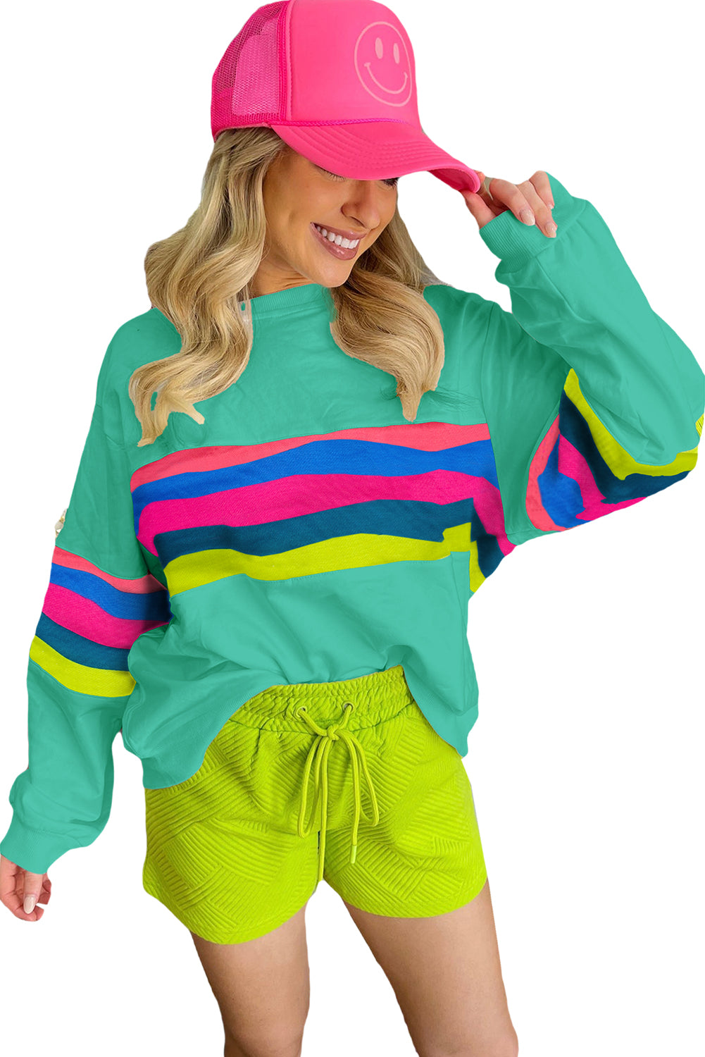 Green Colorful Striped Accent Long Sleeve T Shirt Long Sleeve Tops JT's Designer Fashion