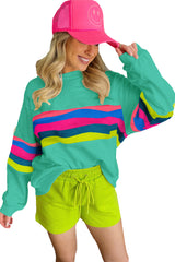 Green Colorful Striped Accent Long Sleeve T Shirt Long Sleeve Tops JT's Designer Fashion