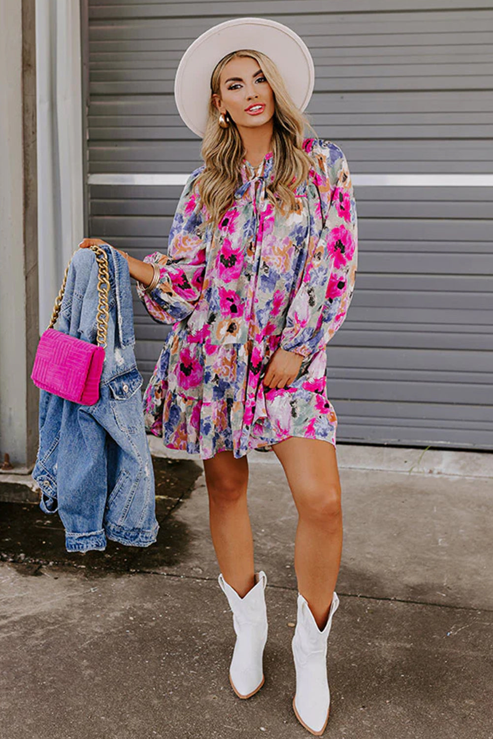 Multicolour Floral Tie Neck Bubble Sleeve Shift Dress Floral Dresses JT's Designer Fashion