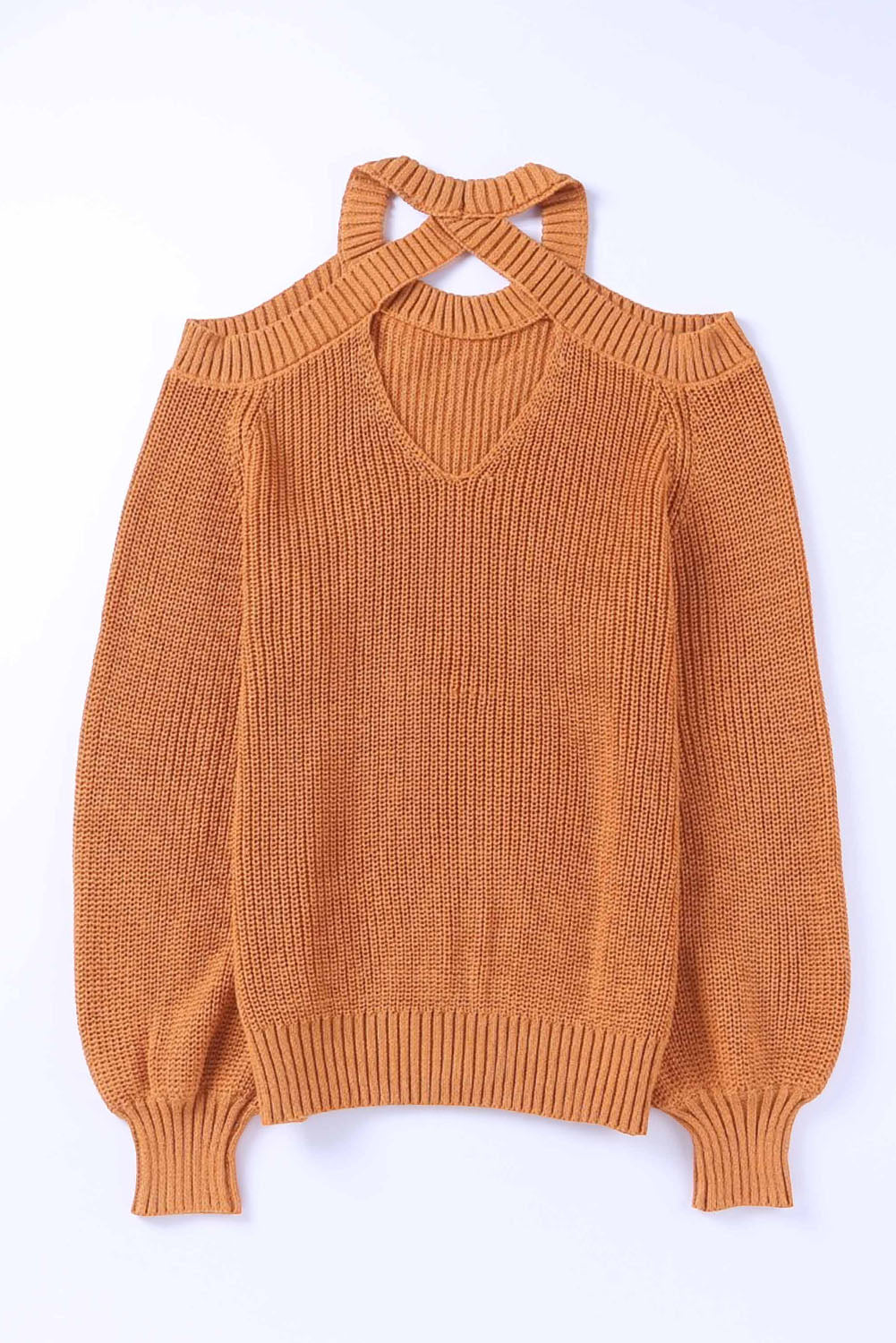 Brown Crew Neck Cold Shoulder Hollow-out Back Sweater Sweaters & Cardigans JT's Designer Fashion