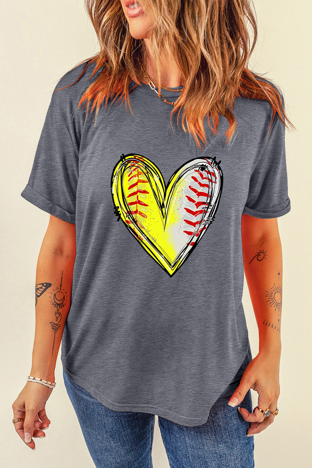 Gray Baseball Heart Shape Print Crew Neck T Shirt Graphic Tees JT's Designer Fashion