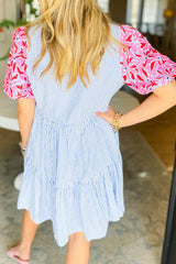 Sky Blue Stripe Contrast Floral Puff Sleeve Tiered Ruffle Dress Dresses JT's Designer Fashion