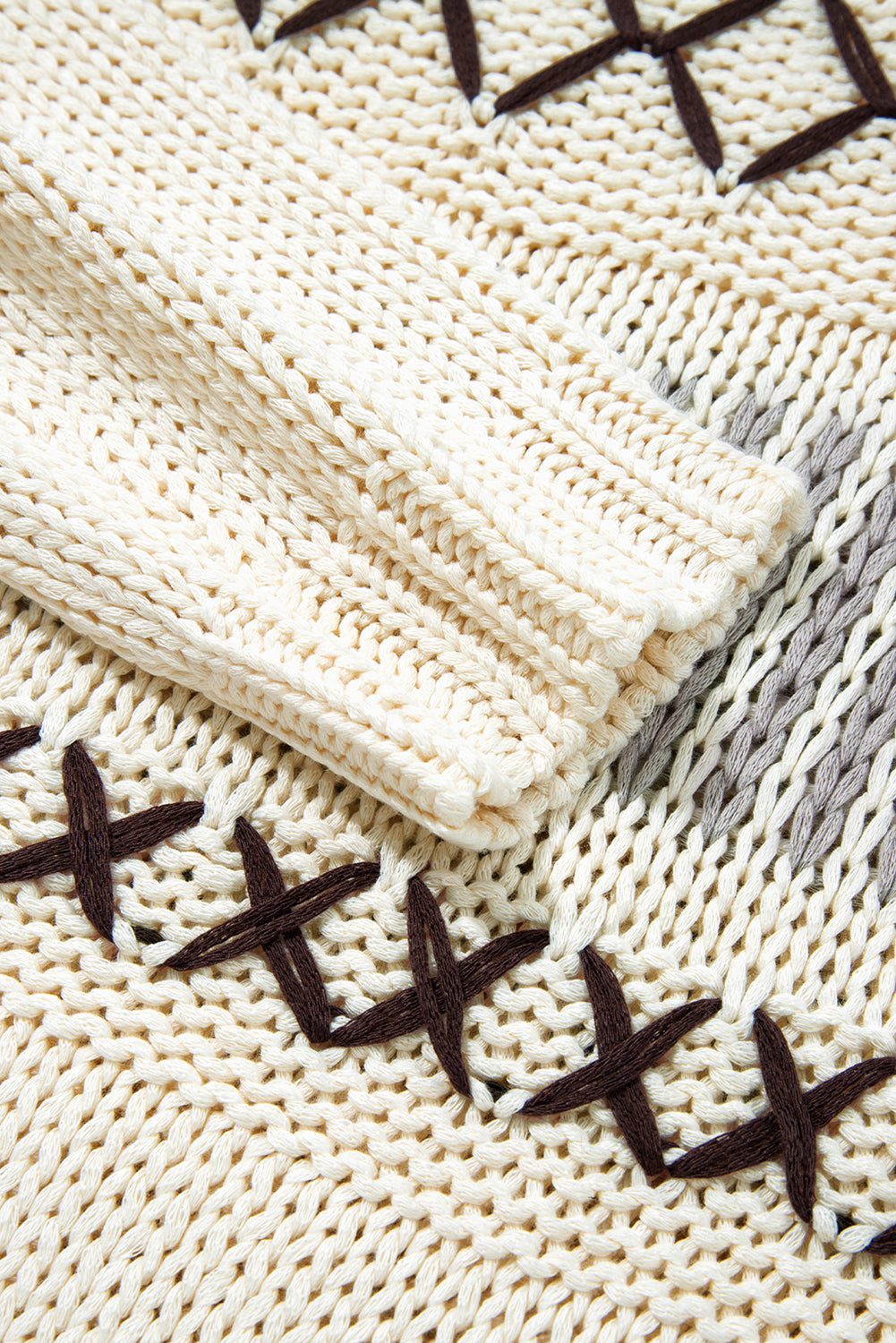Parchment Contrast Stitch Detail V Neck Drop Shoulder Sweater Sweaters JT's Designer Fashion