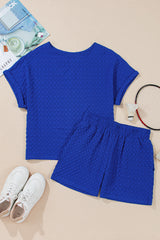 Sky Blue Jacquard Textured Buttoned Tee and Shorts Set Short Sets JT's Designer Fashion