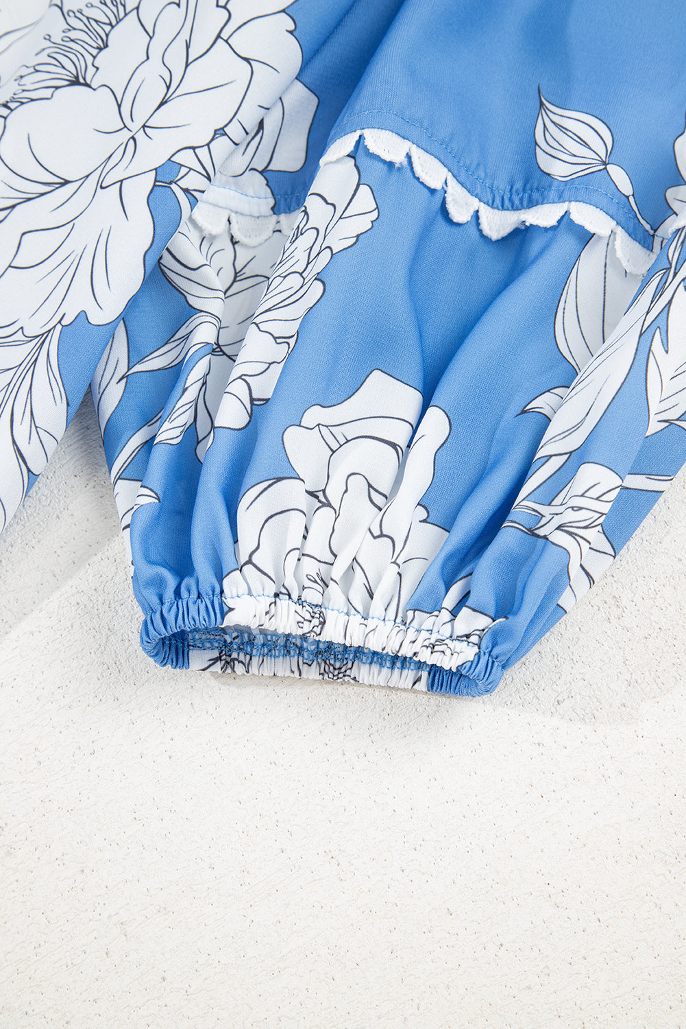 Sky Blue Floral Ricrac Trim Collared Puff Sleeve Loose Blouse Blouses & Shirts JT's Designer Fashion