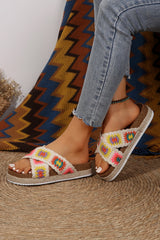 White Geometric Woven Crisscross Strap Platform Slippers Slippers JT's Designer Fashion