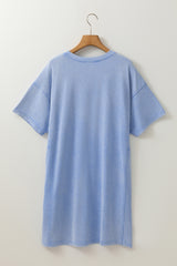 Sky Blue Mineral Wash Flower Patchwork Mini T Shirt Dress T Shirt Dresses JT's Designer Fashion