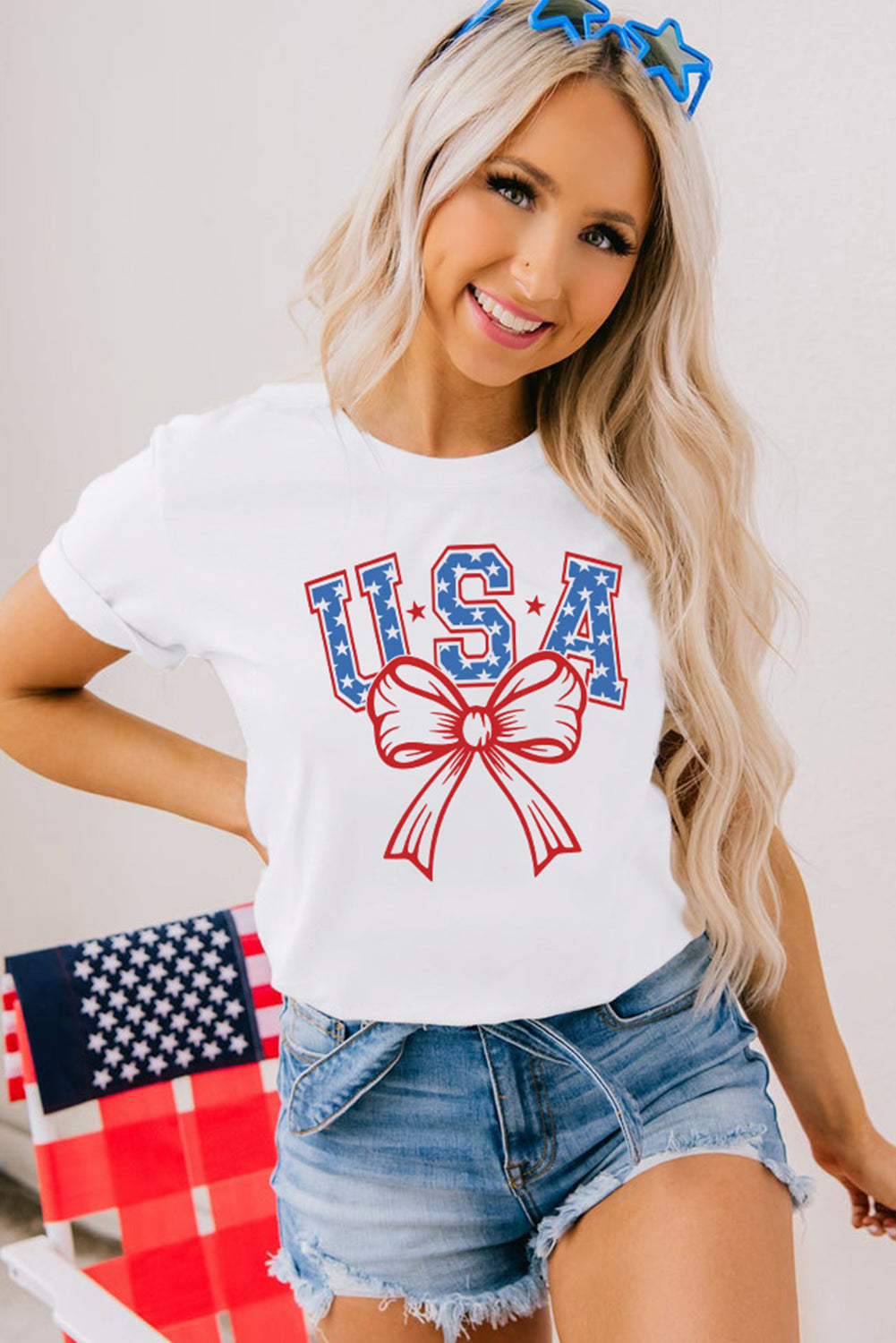 White USA Bow Letter Graphic Short Sleeve Top Graphic Tees JT's Designer Fashion
