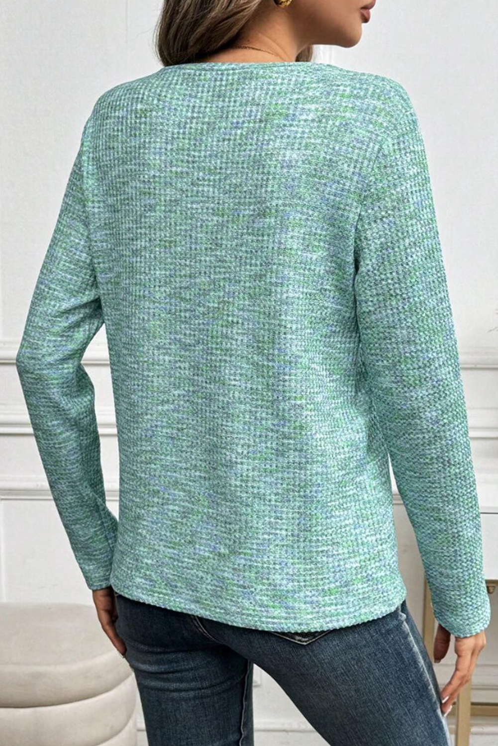 Moonlight Jade Buttoned V Neck Textured Knit Long Sleeve Top Long Sleeve Tops JT's Designer Fashion