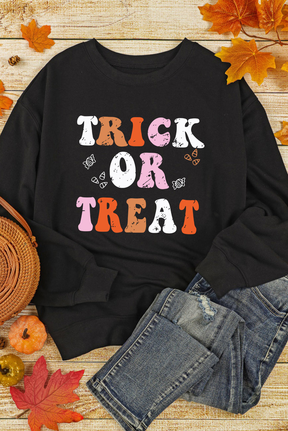 Black TRICK OR TREAT Graphic Crewneck Halloween Sweatshirt Graphic Sweatshirts JT's Designer Fashion