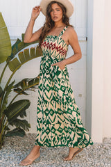Green Western Aztec Shirred A-line Sleeveless Long Dress Maxi Dresses JT's Designer Fashion