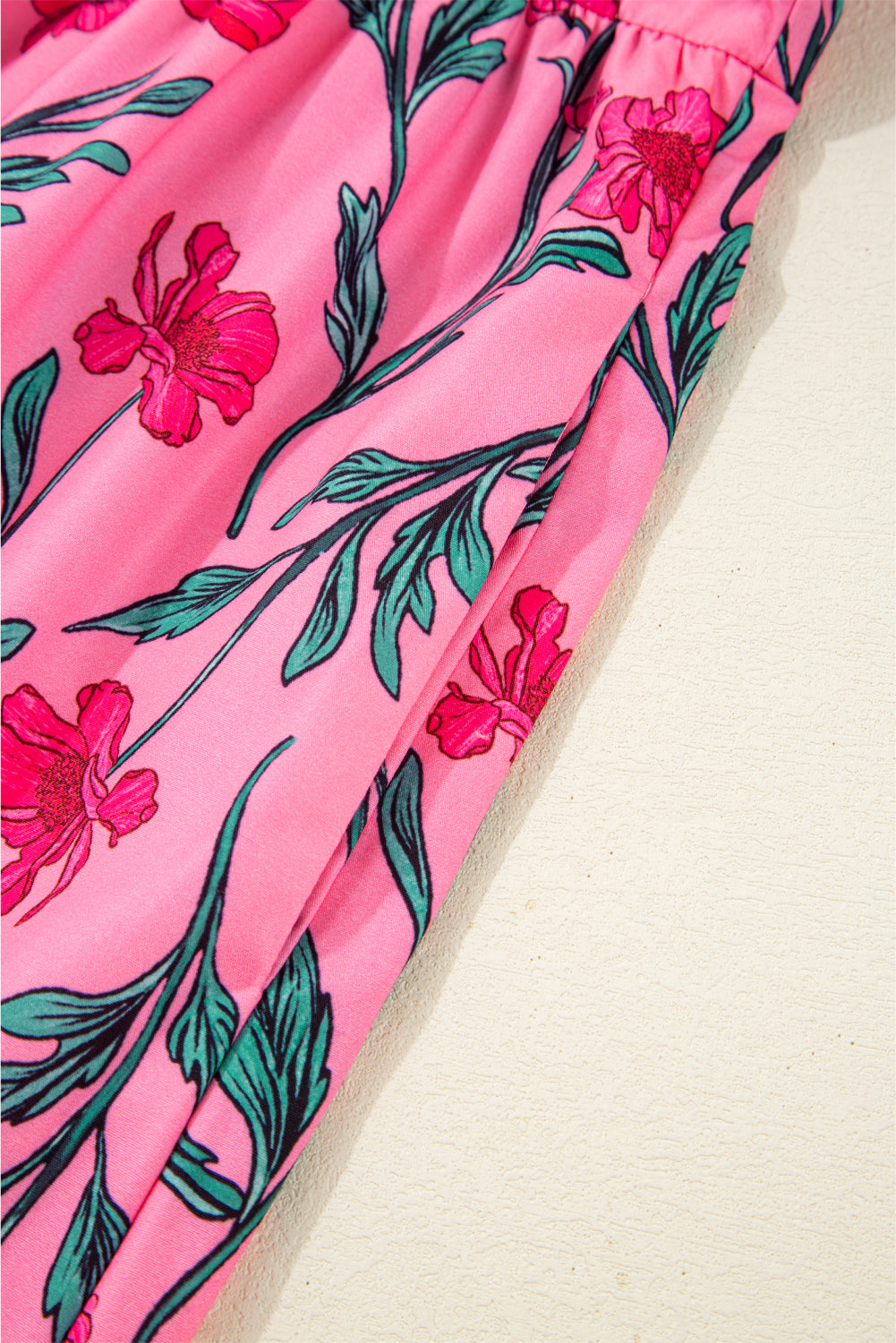 Pink Floral Contrast Neckline A-line Puff Sleeve Long Dress Maxi Dresses JT's Designer Fashion