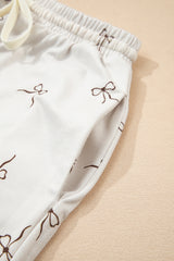 Beige Bow Print Half Zip Tank and Shorts 2pcs Set Short Sets JT's Designer Fashion