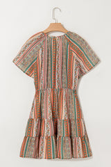 Red Bohemian Floral Print Buttoned V Neck Ruffle Tiered Dress Floral Dresses JT's Designer Fashion